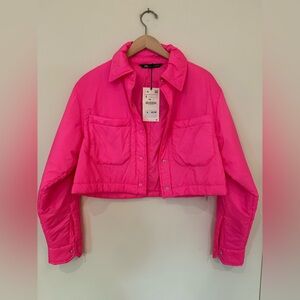 NWT Zara neon pink puffer cropped size small